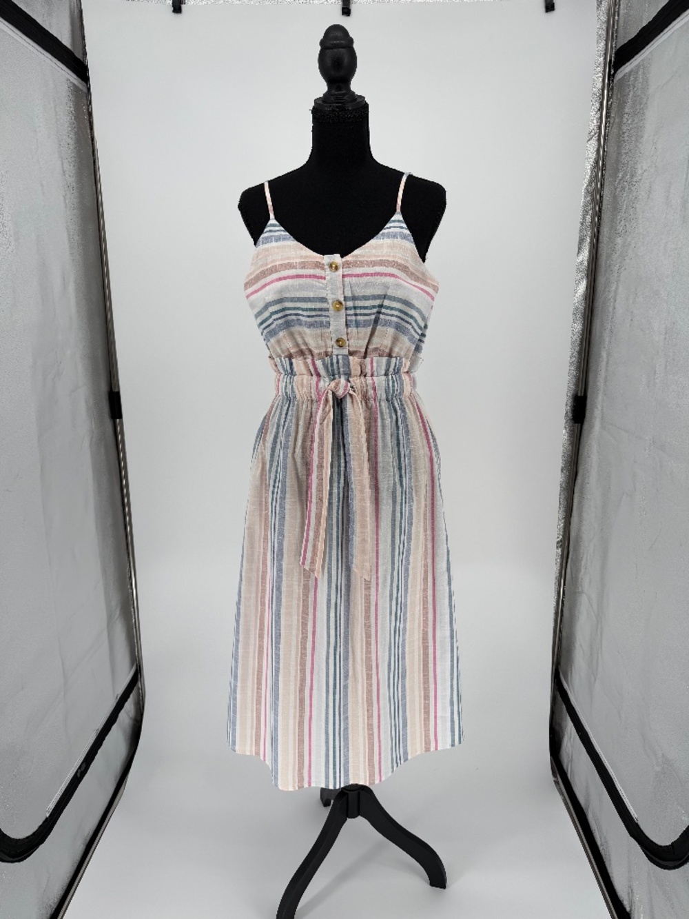 Japna Striped Paperbag Waist Button Cami Midi Dress Pockets M